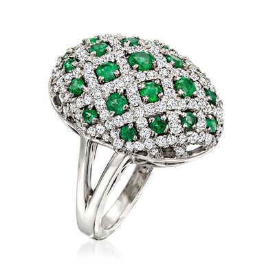 1.20 ct. t.w. Emerald and 1.20 ct. t.w. Diamond Dome Ring in 14kt White Gold
