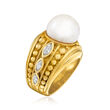 C. 1980 Vintage Judith Ripka 12mm Cultured Pearl and .50 ct. t.w. Diamond Ring in 18kt Yellow Gold