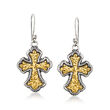 Sterling Silver Bali-Style Budded Cross Drop  Earrings with 18kt Yellow Gold