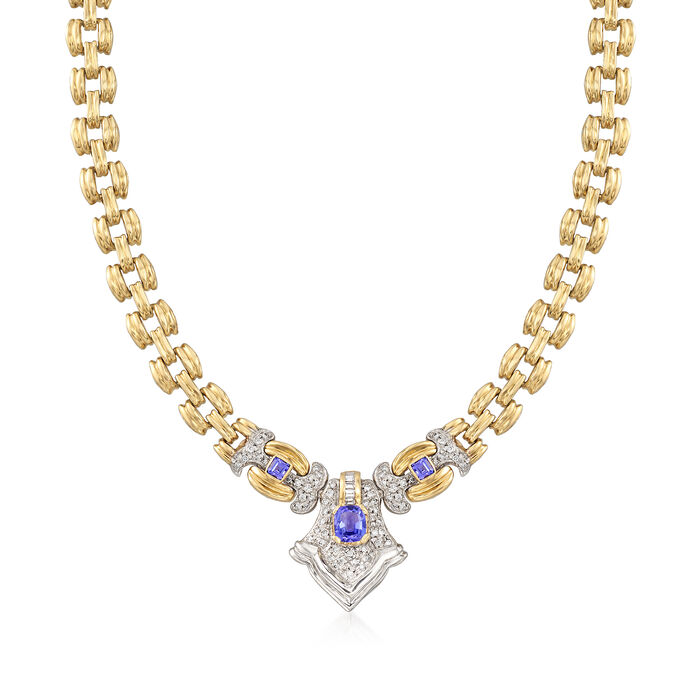 C. 1990 Vintage 1.70 ct. t.w. Tanzanite and 1.00 ct. t.w. Diamond &quot;V&quot; Drop Necklace in 14kt Two-Tone Gold