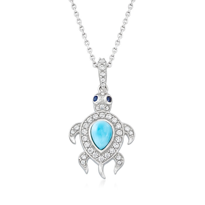 Larimar and .55 ct. t.w. White Zircon Turtle Pendant Necklace in Sterling Silver