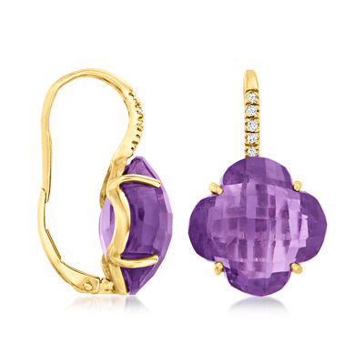 16.00 ct. t.w. Amethyst Clover Drop Earrings with Diamond Accents in 14kt Yellow Gold