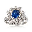 C. 1970 Vintage 1.50 Carat Sapphire and .75 ct. t.w. Diamond Ring in 14kt White Gold