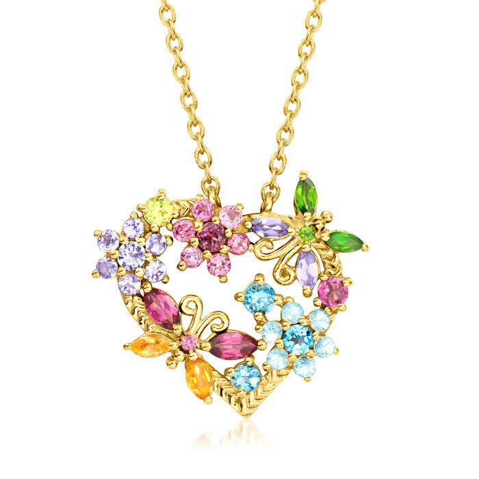 1.88 ct. t.w. Multi-Gemstone Flower and Butterfly Heart Pendant Necklace in 18kt Gold Over Sterling