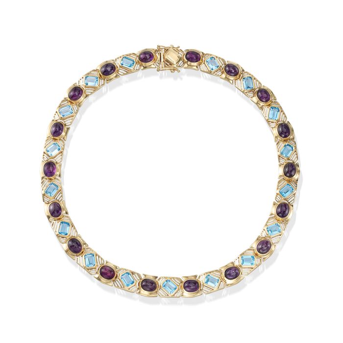 C. 1980 Vintage 30.50 ct. t.w. Bezel-Set Amethyst and 29.75 ct. t.w. Blue Topaz Necklace in 14kt Gold