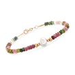 30.00 ct. t.w. Multicolored Tourmaline Bead Bracelet With 8.5-9mm Cultured Pearl in 14kt Yellow Gold
