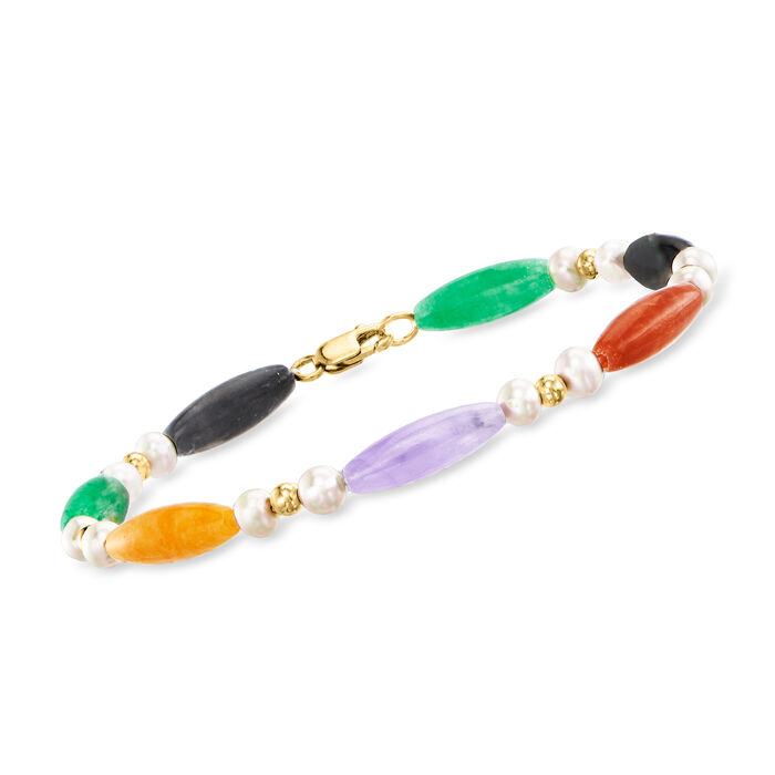 5x15mm Multicolored Jade Bead and 4-4.5mm Cultured Pearl Station Bracelet with 14kt Yellow Gold