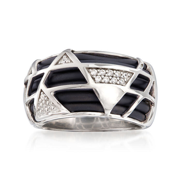 Belle Etoile &quot;Trilogy&quot; Black Rubber Ring with CZ Accents in Sterling Silver