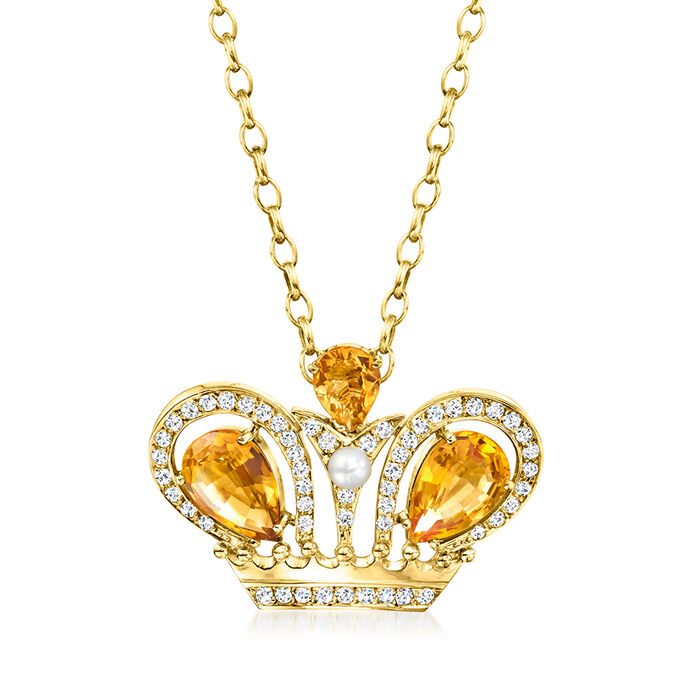 C. 1980 Vintage 4.5mm Cultured Pearl and 12.00 ct. t.w. Citrine Crown Pendant Necklace with 1.80 ct. t.w. Diamonds in 14kt and 18kt Yellow Gold