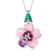1.10 Carat Brazilian Amethyst and .20 ct. t.w. White Topaz Flower Pendant Necklace with Multicolored Enamel in Sterling Silver