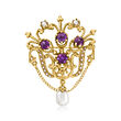 C. 1970 Vintage Cultured Pearl and 1.40 ct. t.w. Amethyst Pin/Pendant in 14kt Yellow Gold