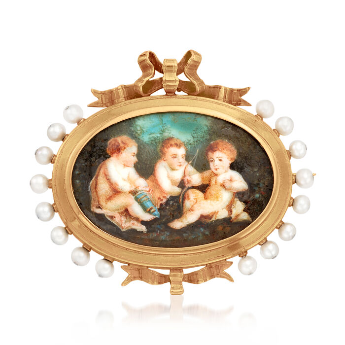 C. 1940 Vintage Mother-of-Pearl and Cultured Pearl Hand-Painted Cherub Pin in 18kt Yellow Gold