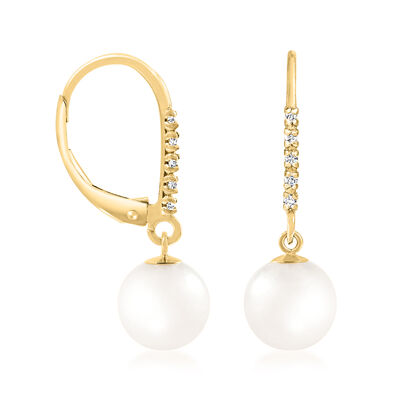 7-8mm Cultured Akoya Pearl Drop Earrings with Diamond Accents in 14kt Yellow Gold