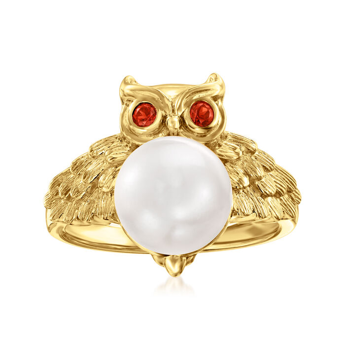 9-9.5mm Cultured Pearl Owl Ring with Garnet Accents in 18kt Gold Over Sterling
