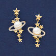 7.5-8mm Cultured Pearl and .15 ct. t.w. Diamond Star and Planet Drop Earrings in 14kt Yellow Gold