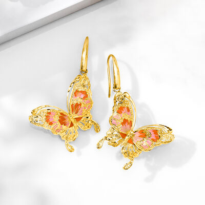 Italian Pink and Orange Enamel Butterfly Drop Earrings in 18kt Gold Over Sterling
