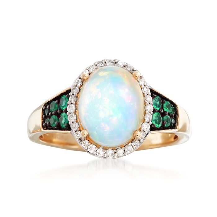 Ethiopian Opal and .18 ct. t.w. Emerald Ring with .14 ct. t.w. Diamonds in 14kt Yellow Gold