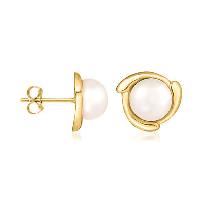7-7.5mm Cultured Pearl Curvy Frame Earrings in 14kt Yellow Gold