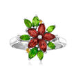 1.20 ct. t.w. Garnet Flower Ring with .90 ct. t.w. Chrome Diopsides and Citrine Accents in Sterling Silver