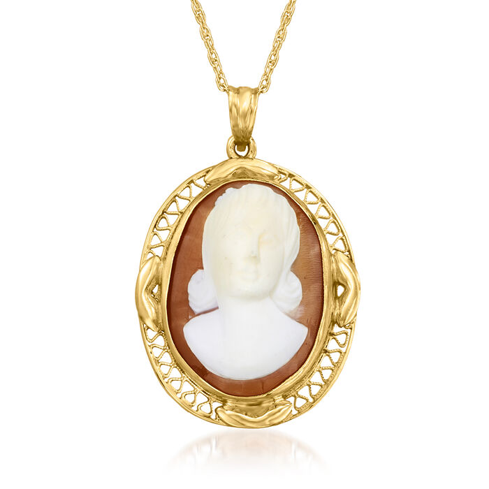 C. 1970 Vintage Brown Shell Cameo Pendant Necklace in 14kt Yellow Gold