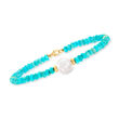 9-10mm Cultured Pearl and Turquoise Bead Bracelet in 14kt Yellow Gold