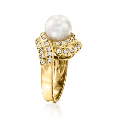 C. 1980 Vintage 8.8mm Cultured Pearl Swirl Ring with .90 ct. t.w. Diamonds in 14kt Yellow Gold