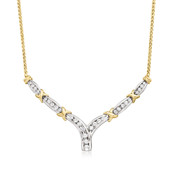 C. 1990 Vintage 1.10 ct. t.w. Diamond V-Shaped Necklace in 14kt Two-Tone Gold