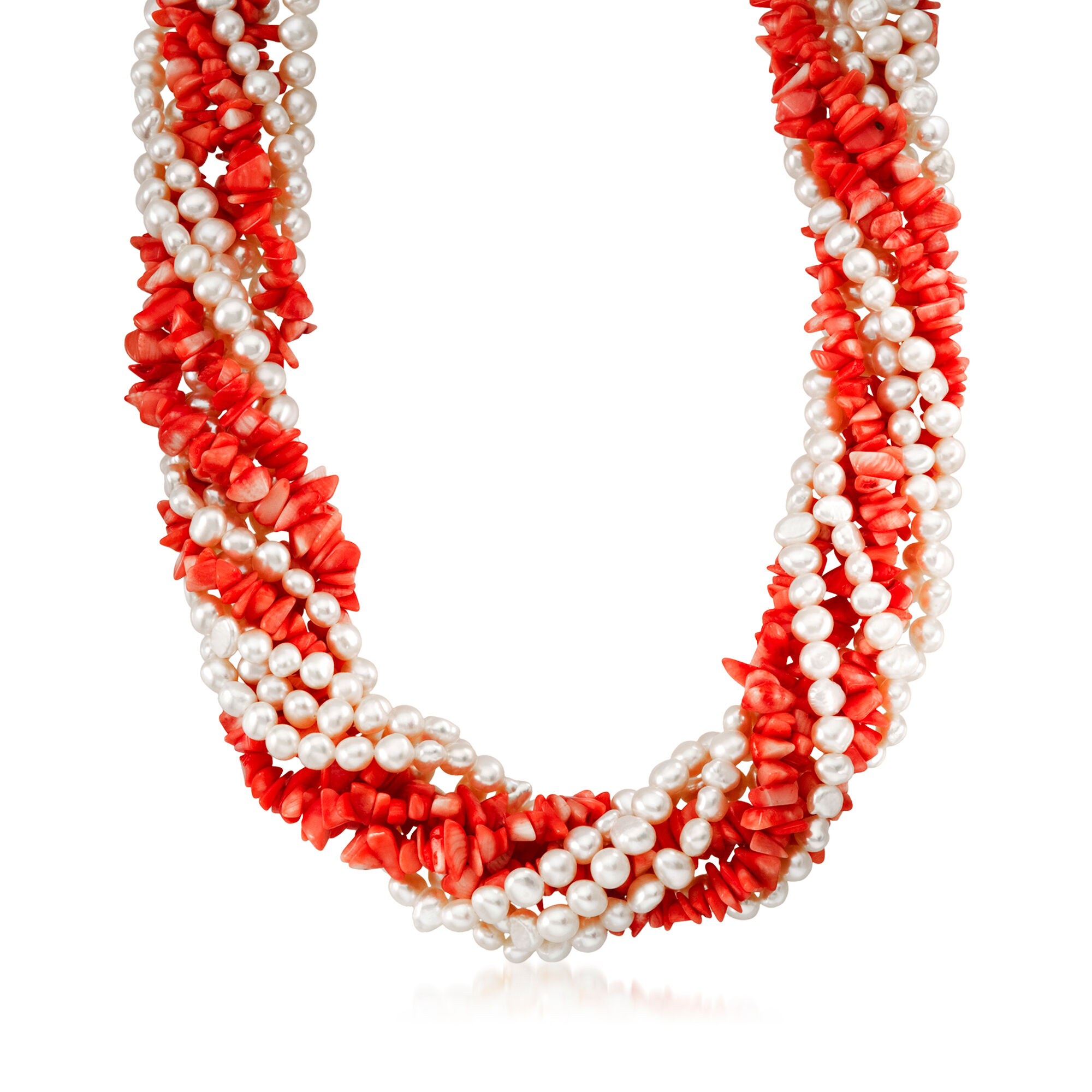 Coral and Cultured Pearl Torsade Necklace with Sterling Silver 
