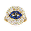 1.15 ct. t.w. White and Black Diamond and .30 ct. t.w. Sapphire Evil Eye Ring in 14kt Yellow Gold