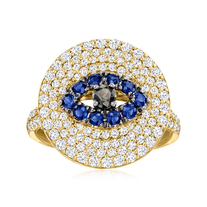 1.15 ct. t.w. White and Black Diamond and .30 ct. t.w. Sapphire Evil Eye Ring in 14kt Yellow Gold