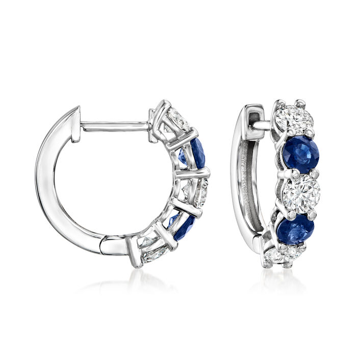 .80 ct. t.w. Sapphire and 1.00 ct. t.w. Lab-Grown Diamond Hoop Earrings in 14kt White Gold