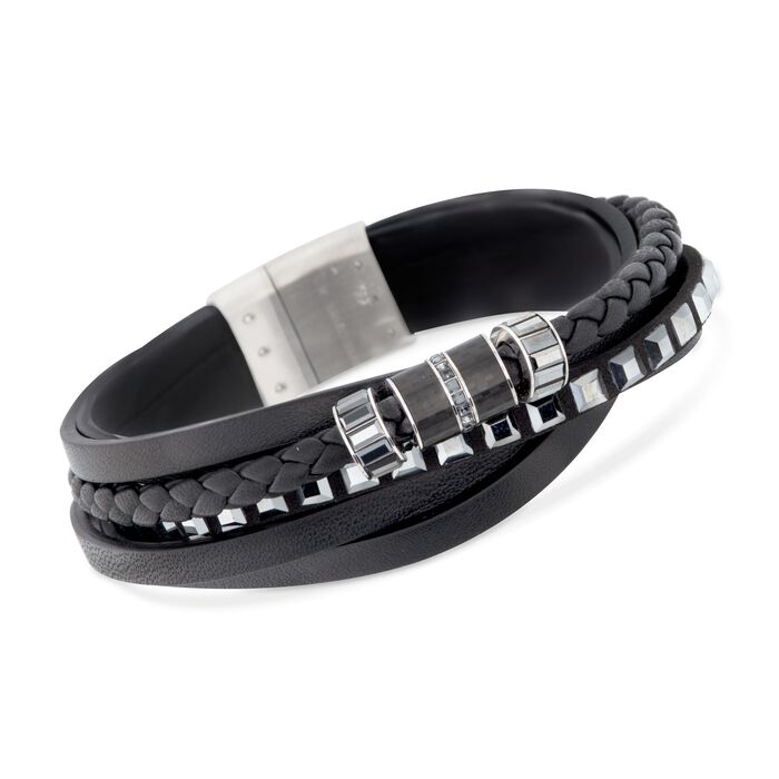Swarovski Crystal Men's &quot;Alto&quot; Black Crystal and Leather Bracelet in Stainless Steel