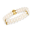 C. 1960 Vintage 6.5-6.75mm Cultured Pearl Two-Row Bracelet with .20 ct. t.w. Diamonds in 18kt Yellow Gold