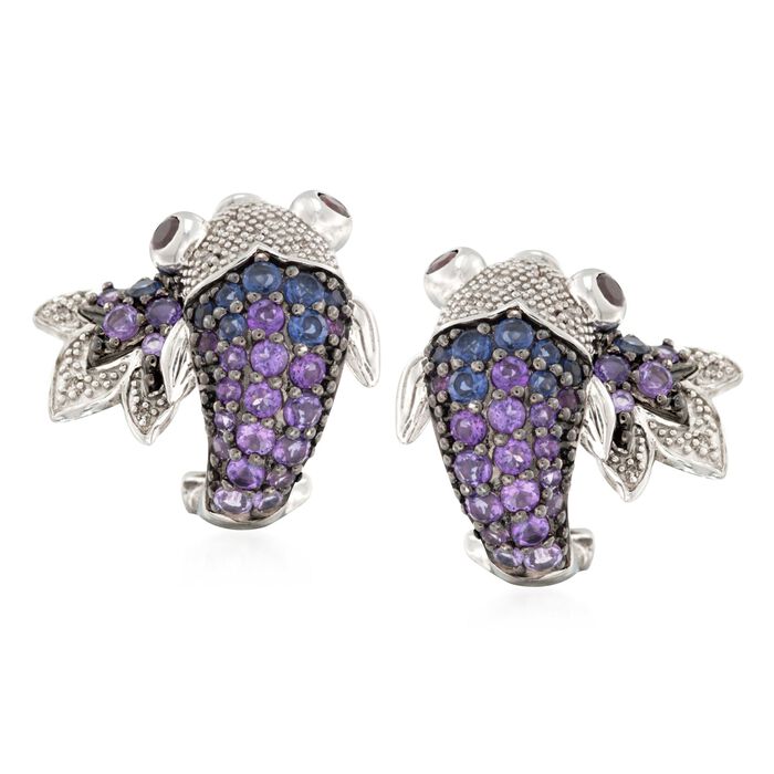 .90 ct. t.w. Amethyst and .35 ct. t.w. Iolite Koi Earrings with Diamonds and Garnets in Sterling Silver