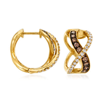 .88 ct. t.w. Brown and White Diamond Crisscross Hoop Earrings in 14kt Yellow Gold