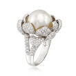 13.5mm Cultured South Sea Pearl and 2.35 ct. t.w. Diamond Floral Ring in 18kt White Gold