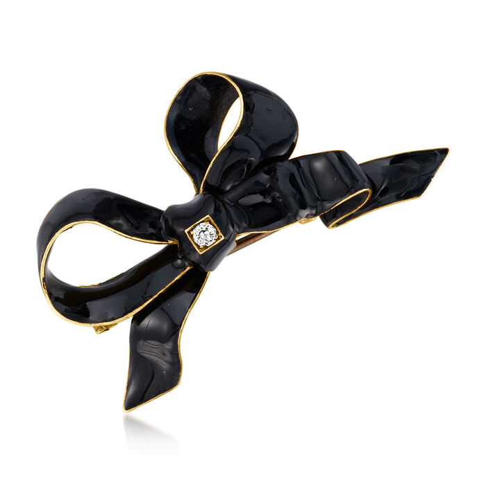 C. 1920 Vintage Black Enamel Bow Pin with Diamond Accent in 18kt Yellow Gold