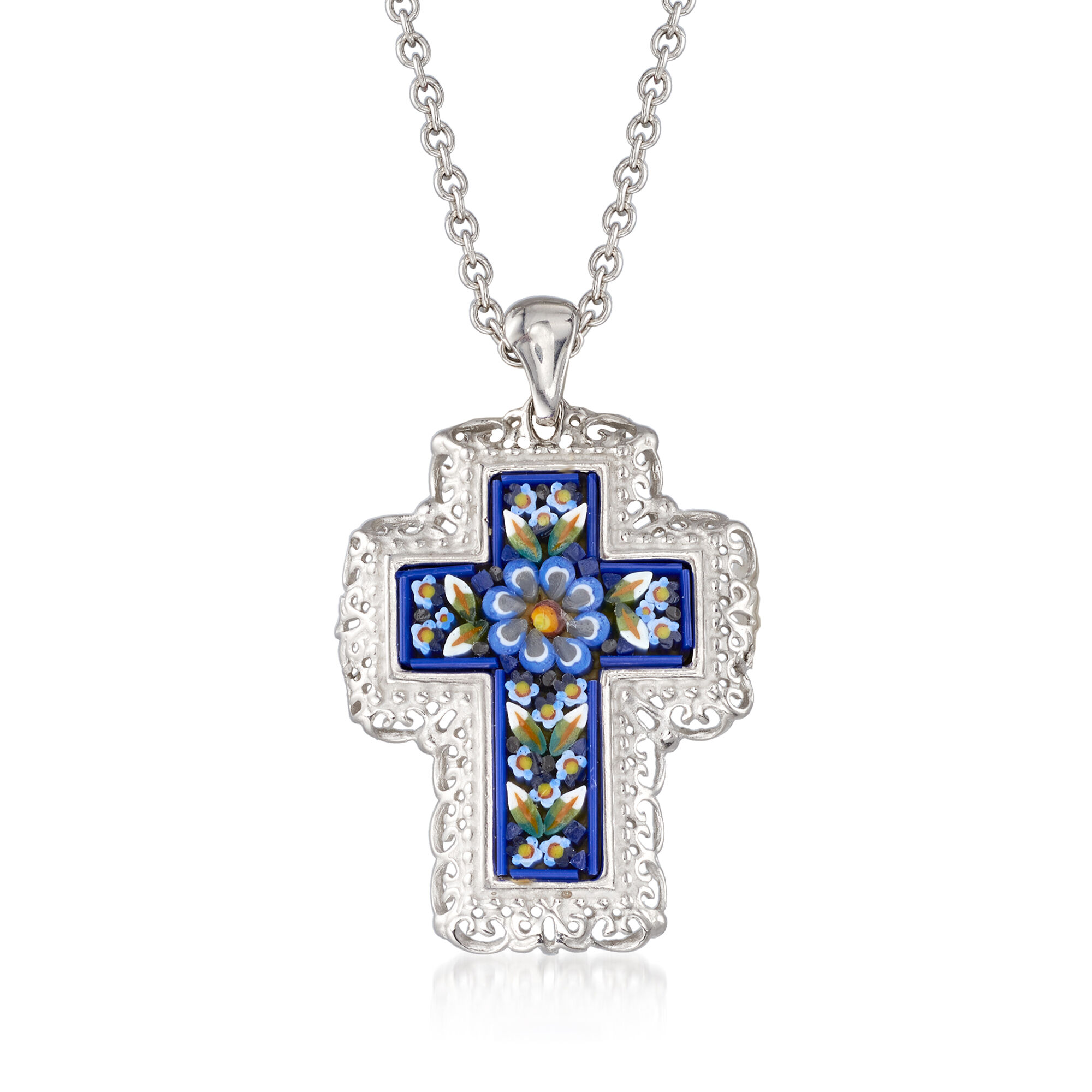 Italian Murano Glass Mosaic Floral Cross Pendant Necklace in 