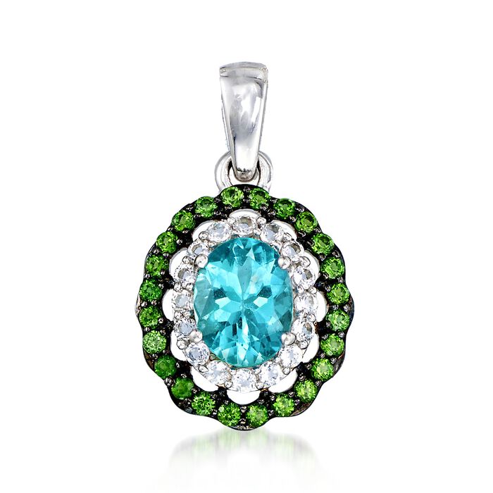 1.00 Carat Teal Apatite Pendant with Chrome Diopsides and White Zircons in Sterling Silver