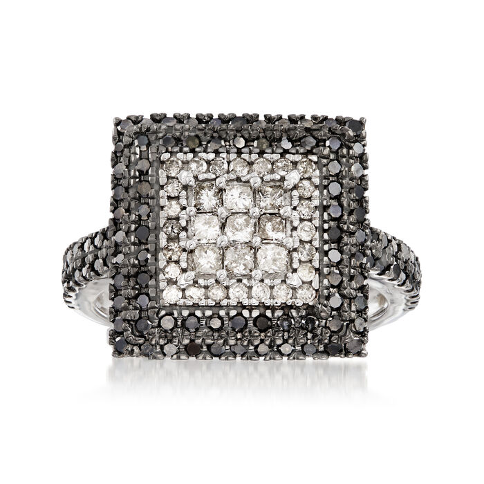 .99 ct. t.w. Black and White Pave Diamond Square Ring in 14kt White Gold