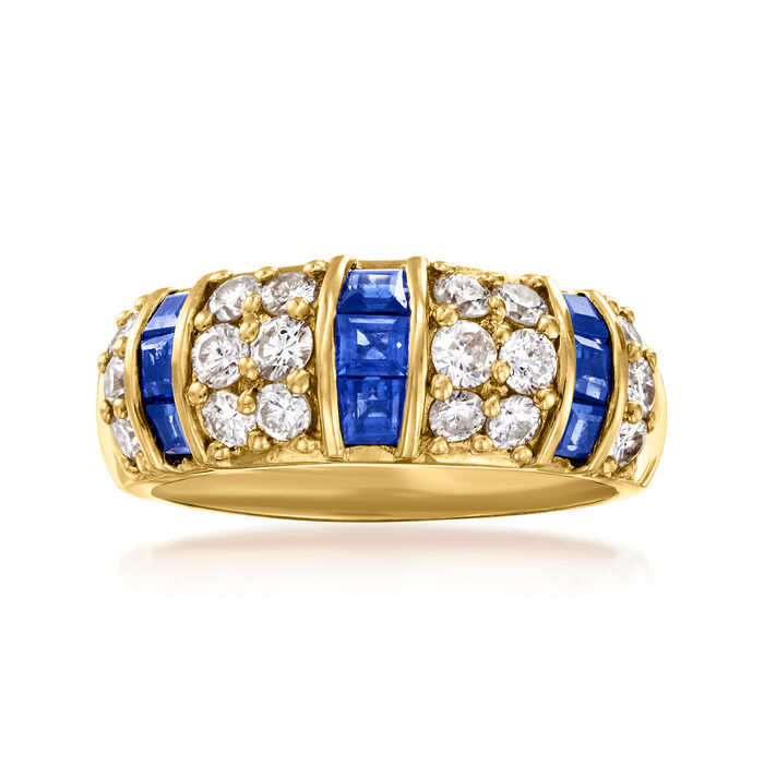 C. 1990 Vintage .87 ct. t.w. Sapphire and .70 ct. t.w. Diamond Ring in 18kt Yellow Gold