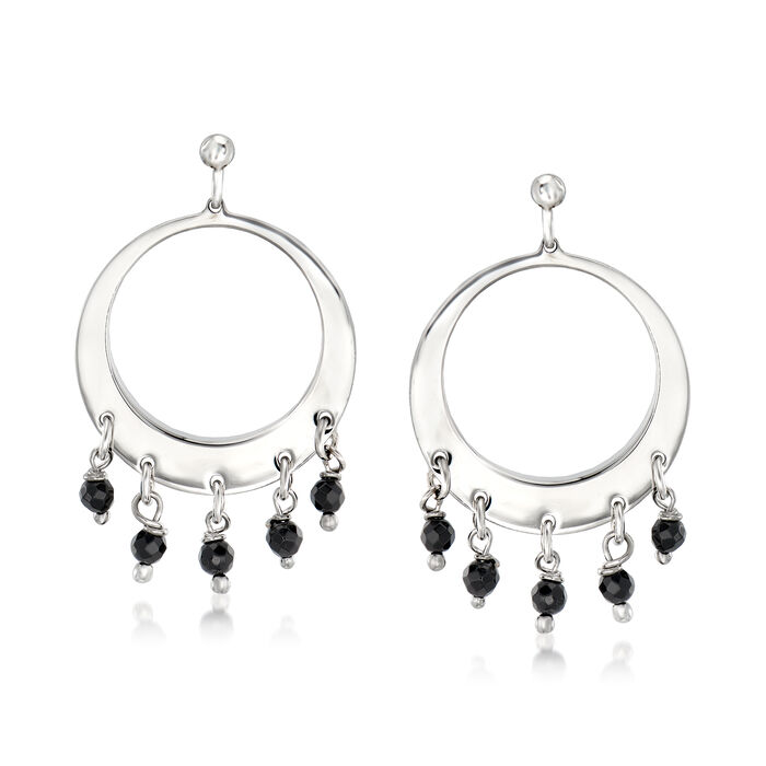 Italian Sterling Silver Open-Circle Drop Earrings with Black Agate Beads