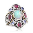 Opal and 2.30 ct. t.w. Multi-Gemstone Bali-Style Cluster Ring in Sterling Silver and 18kt Gold Over Sterling