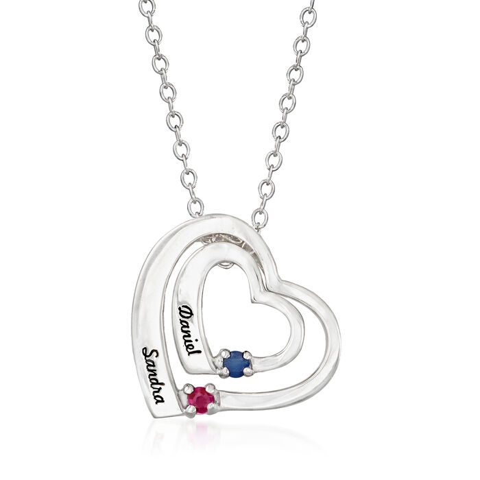 Personalized Birthstone and Name Double-Heart Couple's Pendant Necklace in Sterling Silver