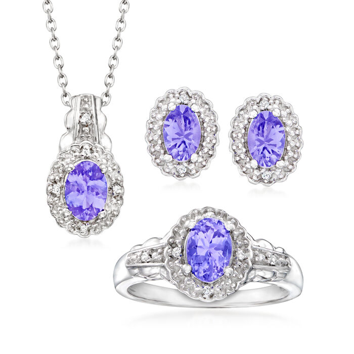 2.50 ct. t.w. Tanzanite and .10 ct. t.w. White Topaz Jewelry Set: Pendant Necklace, Earrings and Ring in Sterling Silver
