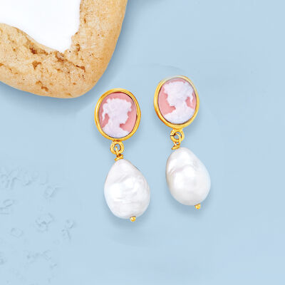 Italian 9-10mm Cultured Baroque Pearl Cameo Drop Earrings in 18kt Gold Over Sterling
