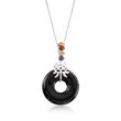Black Agate and .36 ct. t.w. Multi-Stone &quot;Happy&quot; Chinese Symbol Pendant Necklace in Sterling Silver