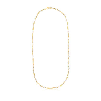 Italian 4-4.5mm Cultured Pearl Paper Clip Link Necklace in 14kt Yellow Gold