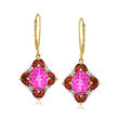 4.40 ct. t.w. Pink Topaz, 1.80 ct. t.w. Garnet and .11 ct. t.w. Diamond Drop Earrings in 14kt Yellow Gold