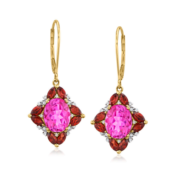 4.40 ct. t.w. Pink Topaz, 1.80 ct. t.w. Garnet and .11 ct. t.w. Diamond Drop Earrings in 14kt Yellow Gold